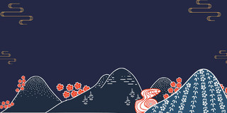 蓝色扁平插画花朵山峰日式和风展板背景